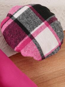 4 件套女孩年轻女孩休闲优雅精致半高领修身长袖 T 恤和腰部弹力格子蝴蝶结装饰 A 字裙套装搭配围巾和贝雷帽 - 玫紅色 - 查看 3