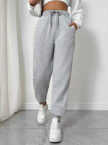 SHEIN Privé 女士系带前口袋休闲厚款运动裤，日常休闲装