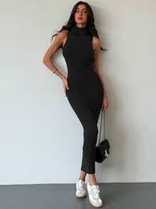 Aloruh 极简主义通勤年轻街头装灰色高领高领无袖修身 H 型超长女士毛衣连衣裙 - 黑色 - 查看 5