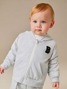 SHEIN 2pcs/Set Baby Boy Neutral Casual All-Match Minimalist Letter B Embroidered Patch Hoodie Jacket And Pants Set, Suitable For In Autumn/Winter - Grey - View 5