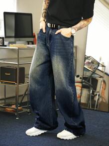 Manfinity Hypemode Y2K Retro Street Style Men Wide Leg Distressed Loose Fit Jeans, Dark Denim - Dark Wash - View 3