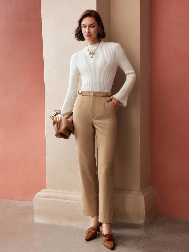 SOLID BUCKLE WAIST SLANT POCKET SUIT PANTS