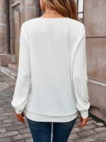 EMERY ROSE Solid V Neck Ribbed Knit Sweatshirt,Long Sleeve Tops Pullover Fall Sweatshirt - White - View 2