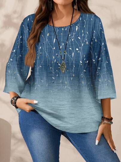 Mellowie Camisa de mujer de talla grande con ajuste relajado, cuello redondo y manga 3/4 con estampado gráfico de ramas de sauce teñido, casual para otoño/invierno