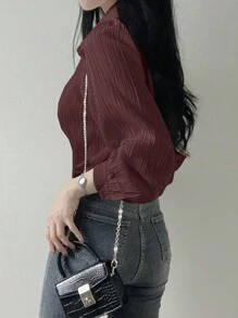 DAZY Women's Pleated Plain Collar Loose Blouse, Purplish Red, Spring/Summer,Fall Clothes Preppy Tops Long Sleeve Top - Red Violet - View 2