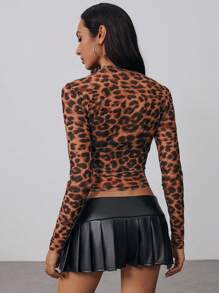 Aloruh 女士秋冬新款时尚性感优雅豹纹透明圆领 T 恤