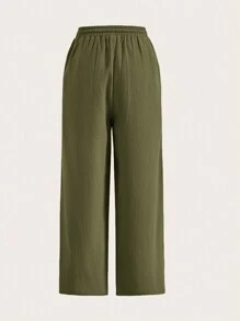 SHEIN EZwear Chất rắn Eo dây rút Quần ống rộng - xanh quân đội - Xem 2