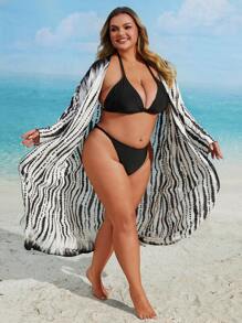 Plus Size Women Tie Dye Print Drop Shoulder Wide Sleeve Belted Kimono Cardigan, Vacation Style Summer - Black and White - View 5
