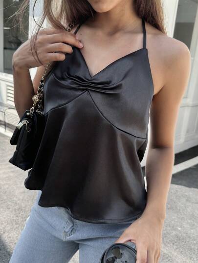 Chiquease 女士优雅宽松露背系带水晶缎面吊带背心