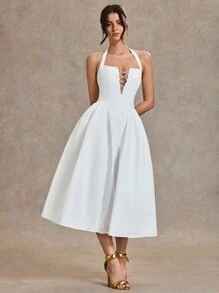 SHEIN BAE Váy xòe dài cổ chữ V ren vá chéo màu trắng thanh lịch, thích hợp cho tiệc cocktail, hẹn hò lãng mạn, mặc nhiều lớp vào mùa thu/đông, tiệc tùng, phù dâu cưới, đi chơi, Halloween, Giáng sinh - trắng - Xem 5