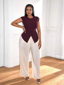 Zolique Women 2pcs Set Fashion Short Sleeve Slit Hem Elegant Bodycon Top + Casual Loose High Waist Wide Leg Pants Suit, Autumn