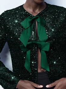Maija Women's Elegant Long Sleeve Jacket With Glitter And Bow Decoration, Suitable For Early Spring Business Casual Women's Wear, Office Wear, Low-Key Old Money Style, Effortless Temperament, High-End Urban Commuting, The Same Style As The Editor-In-Chief Of The Magazine, Urban Social Vacation Party Wear, Charming, Low-Key And Durable Basic Style, Versatile And Not Picky Clothing, Street Fashion Wear, Clothing, Coffee Shop, Relaxed Wear