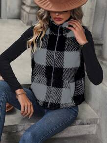 SHEIN LUNE Chaleco/chaqueta casual de color block a cuadros y esponjoso, para otoño/invierno