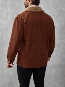 Manfinity Homme 男士翻领长袖夹克，秋季男装，冬季男士夹克，保暖夹克，毛领，棕色灯芯绒材质夹克 - 棕色 - 查看 2