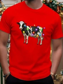 Manfinity Homme Camiseta de manga corta informal con estampado de vaca de Navidad para hombres