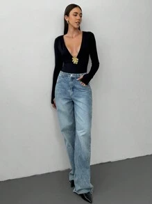 Aloruh 1pc Women Deep V Metal Button Decor Long Sleeve Bodysuit - Black - View 5