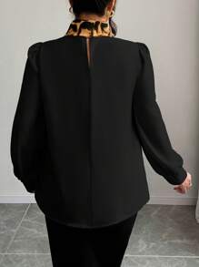 Elenzga Plus Size Herfst Vrouwen Elegante Luipaard Print Splice Kraag Strik Blouse