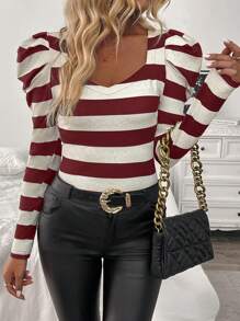 SHEIN Clasi Áo thun bodycon tay dài họa tiết sọc cổ tim cho nữ, thanh lịch cho mùa thu/đông, áo thun họa tiết cho nữ mùa xuân - Màu Đỏ Sâu - Xem 1