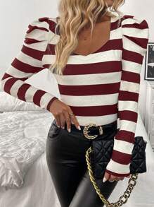 SHEIN Clasi Áo thun bodycon tay dài họa tiết sọc cổ tim cho nữ, thanh lịch cho mùa thu/đông, áo thun họa tiết cho nữ mùa xuân - Màu Đỏ Sâu - Xem 4
