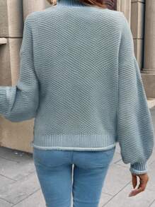 SHEIN LUNE Sweater Longgar Wanita Kasual Warna Polos Kerah Tinggi Ukuran Besar, Pakaian Rajut Sehari-hari Musim Gugur Musim Dingin - Biru - View 2