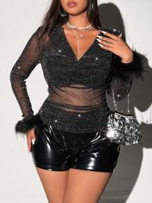 Viva Relle Women Plus Size Solid Color Fluffy Patchwork See-Through Sexy Long Sleeve Top - Black - View 2