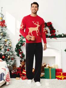 Manfinity VCAY Men's Plain Crew Neck Reindeer Pattern Knit Christmas Sweater, Suitable For Family And Couple Matching - Red - View 5