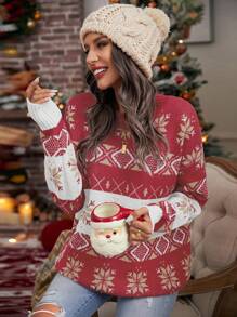 SHEIN LUNE 女士休闲日常圣诞雪花图案落肩毛衣，秋冬针织套头衫 - 彩色 - 查看 5