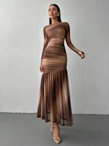 Aloruh Đầm cổ tròn tay dài in họa tiết tie-dye ôm sát viền bất đối xứng cho nữ - Nhiều màu - Xem 6