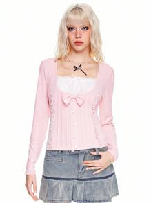 ROMWE Kawaii Áo thun tay dài 2 trong 1 trang trí nơ dễ thương Himekaji cho nữ - Hồng - Xem 7