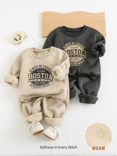 Cozy Pixies 4pcs Baby Boy Winter Graphic Letter Print Crew Neck Drop Shoulder Sweatshirt & Jogger Pants Set Graphic