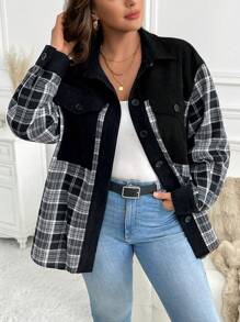 SHEIN LUNE 大码女式拼布格子长袖单排扣口袋休闲夹克，秋季感恩节女式新年冬装女式热卖，办公室穿着 - 彩色 - 查看 4