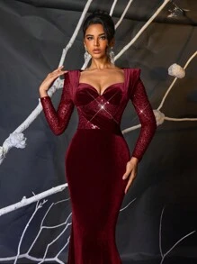 Glamrae 优雅夸张垫肩亮片拼接长袖美人鱼下摆拖尾超长晚礼服，婚礼宾客礼服，派对礼服，正式礼服 - 酒紅色 - 查看 2