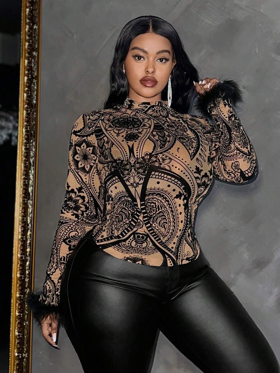 Slaydiva 性感优雅大码女式羽毛拼布植绒网眼修身长袖上衣 - 黑色 - 查看 1