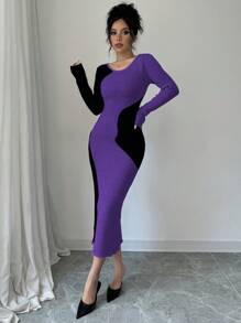 Elenzga Women Color Block Crew Neck Bodycon Long Sleeve Sweater Dress - Purple - View 3
