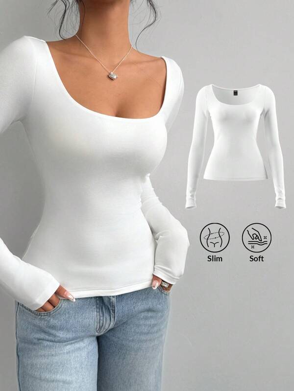 SHEIN BASICS Women's Casual Solid Color Knitted Fitted Long Sleeve Crew Neck Regular T-Shirt Playera Manga Larga Damawhite Top Long Sleevebasic Long Sleeve Tops