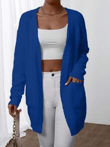 Chiquease 女士纯色长袖口袋开衫，日常休闲装 - 寶藍色 - 查看 5