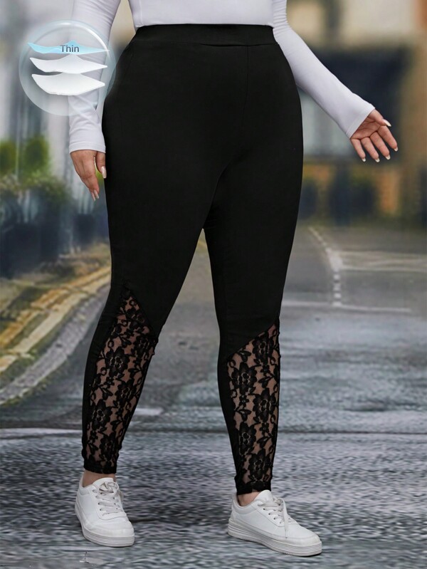 EMERY ROSE Leggings din dantelă neagră, cu contrast de primăvară, mărimi Plus