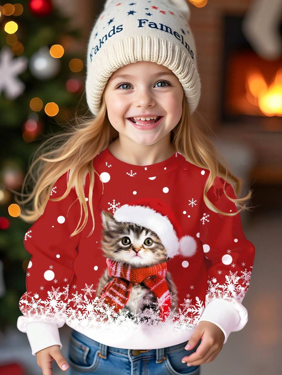 SHEIN Áo nỉ dệt kim cổ tròn họa tiết bông tuyết dễ thương cho bé gái, phù hợp cho mùa thu đông - Nhiều màu - Xem 1