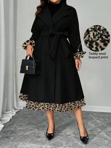 SHEIN Unity 大码纯色拼接长袖前系带简约休闲夹克，适合冬季 - 黑色 - 查看 1