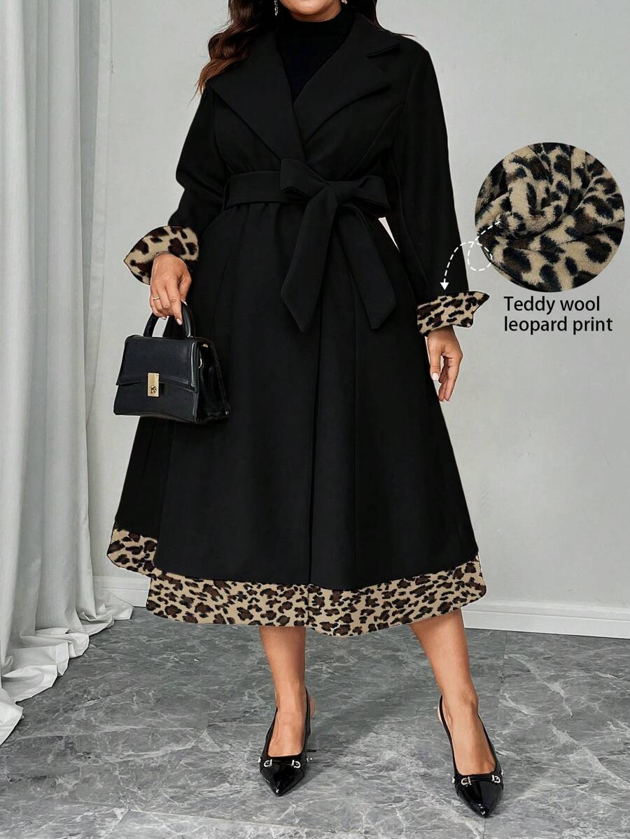 SHEIN Unity 大码纯色拼接长袖前系带简约休闲夹克，适合冬季 - 黑色 - 查看 1