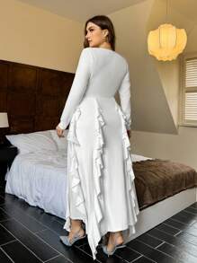 SHEIN Privé 大码女式深 V 褶边下摆长袖优雅连衣裙 - 白色 - 查看 2