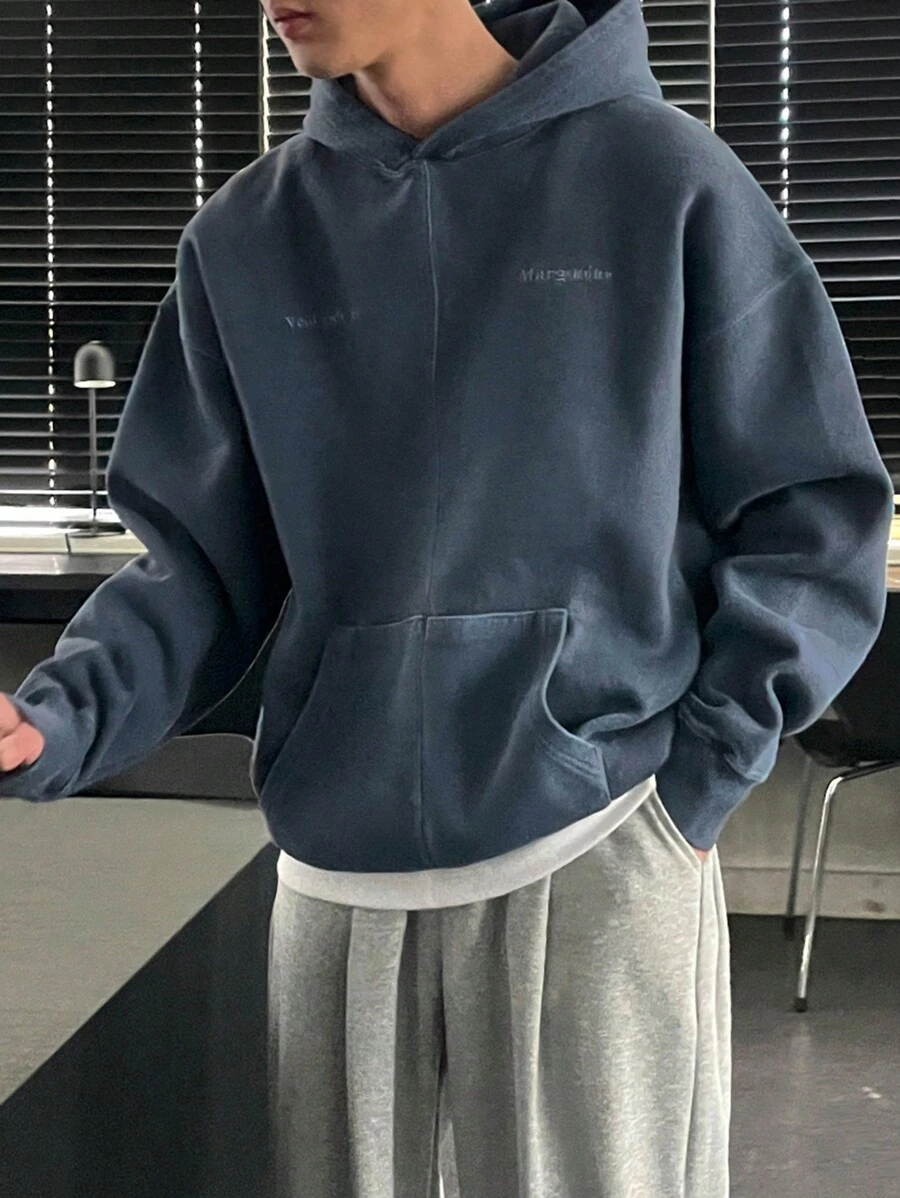 DAZY Men's Autumn Letter Print Long Sleeve Zip Front Pocket Casual Hoodie - Blue - View 1