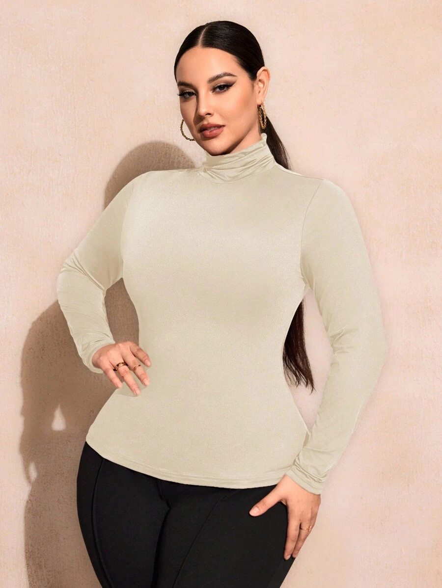 SHEIN SXY Plus Size Solid Color Slim Fit High-Necked Long Sleeve All-Match T-Shirt Basic Tees Fall - Beige - View 1