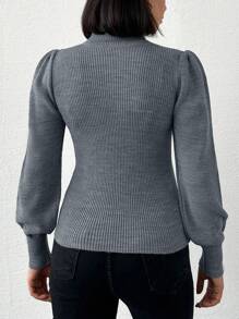 Cloudara Turtleneck Lantern Sleeve Sweater - Grey - View 2