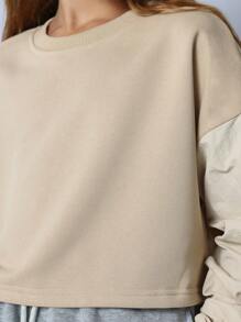 SUMWON 高级泡泡袖短款卫衣套头衫，基础款休闲运动风，秋冬街头风，日常青年风。 - 米色 - 查看 4