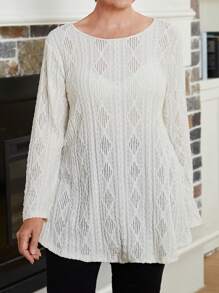 EMERY ROSE 大码女士休闲纯色纹理镂空针织 T 恤，秋冬女装，大码秋装 - 白色 - 查看 1