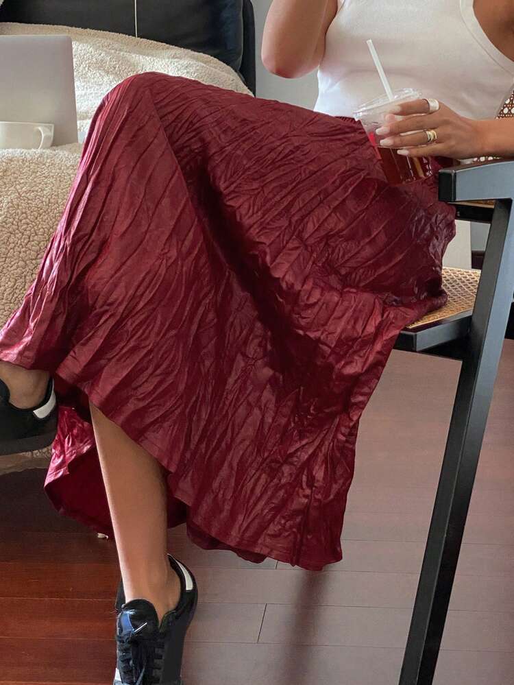 1pc Women's Solid Color Pleated Texture Skirt,Fall Clothes Winter Women Skirts