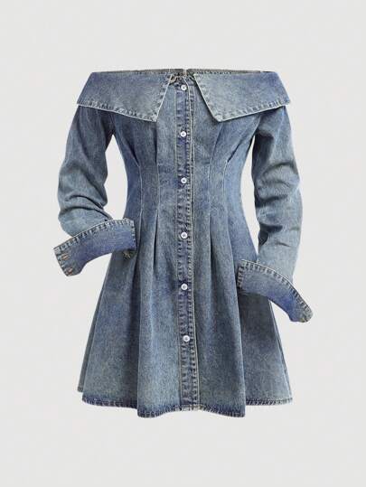 SHEIN 复古风格蓝色牛仔露肩 V 领迷你连衣裙，适合少女