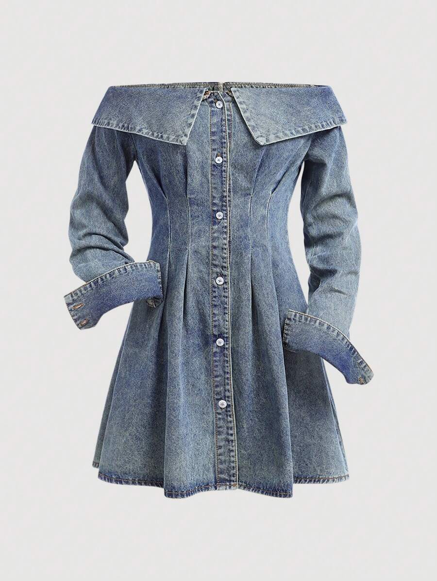 SHEIN Vestido mini de estilo vintage en denim azul con hombros descubiertos y escote en V, para adolescentes - Lavado ligero - Ver 1