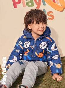SHEIN 1 pieza Abrigo de invierno para niño pequeño con estampado de planeta divertido, lindo/vintage/casual/para casa/para exteriores en invierno/otoño - Azul Marino - Ver 1